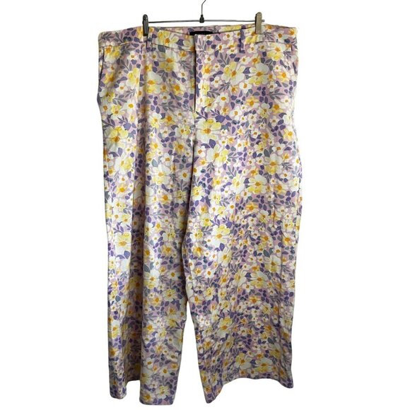 Eloquii Pants - Eloquii Purple Retro Spring Floral Novelty Print Wide Leg Cropped Denim Pants